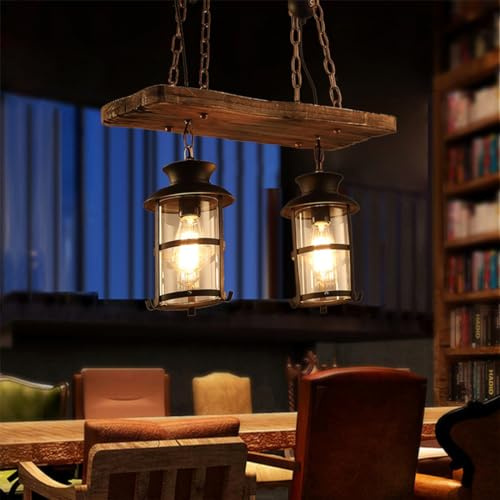 Hängelampe Vintage Pendelleuchte Retro Edison Loft Kronleuchter Retro Industrie Eisen Deckenleuchte Höhenverstellbar E27 Holz Eisen Glas Lampenschirm Pendellampe Restaurant Café Dekoration 2 Heads