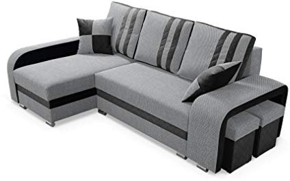 Robin York Ecksofa mit Schlaffunktion 2X Bettkasten 2X Kleine Kissen 2X Hocker Sofa L-Form Schlafsofa Freistehende Eckcouch Schlafcouch Wohnzimmermöbel Wohnlandschaft Schwarz Grau