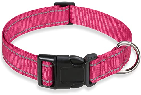 Reflective Dog Collar with Buckle Adjustable Safety Nylon Collars for Small Medium Large Dogs, Pink S