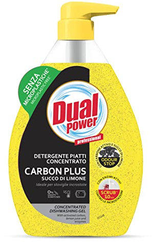 Dual Power Carbon Plus, Detergente Piatti Concentrato con Succo di Limone ad Elevato Potere Sgrassante, Ideale per Stoviglie Incrostate, Senza Microplastiche, Made in Italy, Dispenser 600 ml