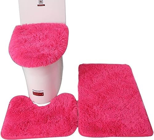 sigaer Soft Microfiber Bathroom Rugs Sets 3 Piece, Bath Rug + Contour Mat + Toilet Seat Cover, Non-Slip Bathroom Rugs with PVC Point Flannel Backing, Water Absorbent Solid Rose Red