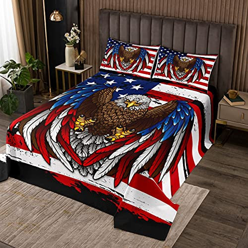Amerikanische Flagge Bettwäsche Tagesdecken-Sets 240x260cm Größe, Adlervogel und USA Flagge Musterdesign für Jungen Mädchen Zimmerdeko,Rot-Weiß-Streifen-Stern gesteppt mit 2 Kissenbezügen,Mehrfarbig
