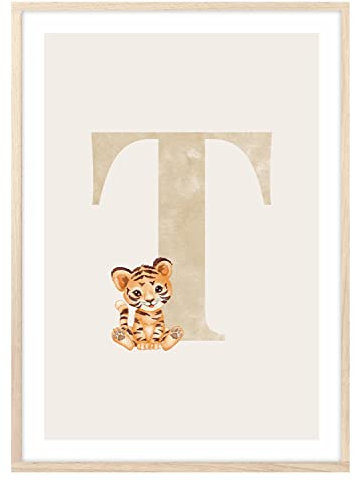 MeinBaby123® Buchstaben Poster DIN A4 Kinderzimmer Mädchen und Junge | Babyzimmer Deko | Bilder Kinderzimmer | Geschenkideen zur Geburt | Anfangsbuchstabe T (süßer Tiger)