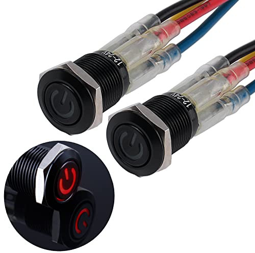 JIQI 2 × 12 mm Interrupteurs à bouton-poussoir étanches momentanés 12V à 24V 2A IP66 Boutons-poussoirs avec éclairage LED Interrupteurs à bouton-poussoir en métal noir avec fils de connexion (Rouge)