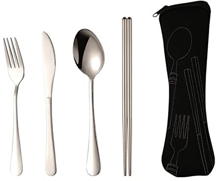 Set di Posate Portatile in Acciaio Inox, Set di Utensili riutilizzabili con Custodia, Set di Posate da Viaggio Riutilizzabile per Scuola, Ufficio, Campeggio, Picnic, Borsa