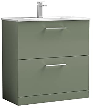 nuie ARN835B Arno Modern Bathroom Floor Standing 2 Drawer Vanity Unit with Minimalist Ceramic Basin, 800mm, Satin Green