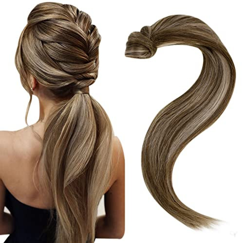 Easyouth Zopf Extensions Echthaar Pferdeschwanz Extensions Zopf Farbe Dunkleres Braunes Highlight mit Honigblond 30 cm 70g Clip in Zopf Extensions Echthaar #4P27