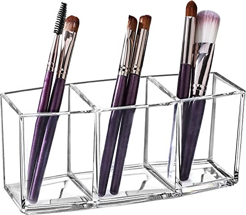 Clear Makeup Brush Organizer 3 Slot Cosmetic Brushes Storage Acrylic Makeup Display Holder For Brushes Eyeliner Lipstick Eyebrow Pencil