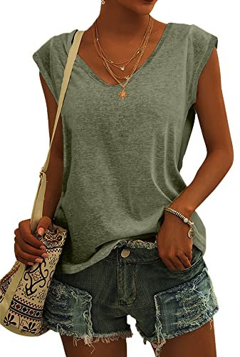 GeGekoko Damen T-Shirt Kurzarm V-Ausschnitt Flügelärmeln Oberteile Blusen Sommer Casual Lose Tank Top Basic Mädchen Tops Armeegrün XL