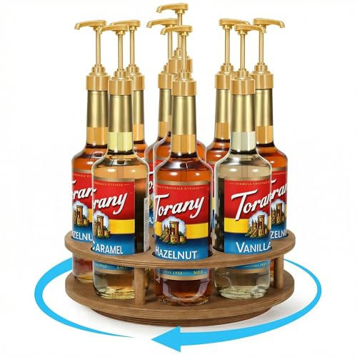 THYGIFTREE Organizer rotante per sciroppo di caffè, per 9 bottiglie, per sciroppo di caffè, supporto per bottiglie di sciroppo di legno, supporto per bar, vassoio girevole per vino