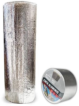 Aislante Térmico Reflexivo de Aluminio y Burbujas 1x5 m (5 m²) + Rollo Cinta de Aluminio 50 mm x 10 m - Frío y Calor - Viviendas, Caravanas, Campers, Buhardillas, Uso Industrial
