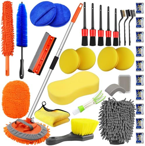 Yumzeco 36Pcs Brosse Nettoyage Voiture,160cm Brosse Lavage Voiture Nettoyage à Manche Long Kit de Vadrouille,Pinceau Detailing Auto,kit Nettoyage Voiture Interieur Exterieur,Brosse de Jante Voiture…