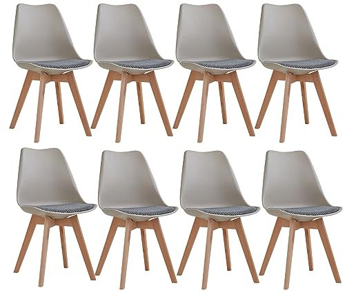 BenyLed - Juego de 8 sillas de comedor escandinavas, sillas de cocina modernas con cojín de tela, sillas auxiliares de lino con patas de haya, color marrón