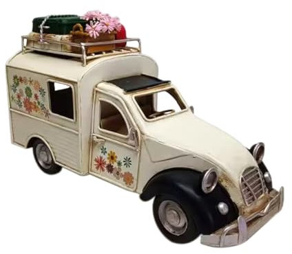 CAPRILO Figura Decorativa de Metal Furgoneta Blanca Flores Hippie -Equipaje. Adornos y Esculturas. Coches Retro. Vehículos Coleccionables. Decoración Hogar. Regalos Originales. 26 x 10,50 x 16 cm