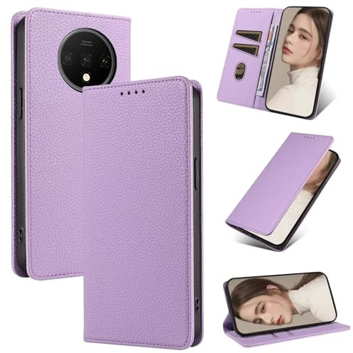 GoodcAcy Handyhülle für OnePlus 7T Hülle Dermis Leder，Premium PU Schutzhülle Klappbar，[RFID Anti-Diebstahl Schutz], Magnetisches Flip Case für OnePlus 7T - Lila