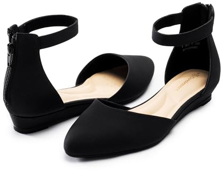 Cusolemore Damen Flache Schuhe Ballerinas mit Knöchelriemen, niedrige Keilabsatz Flats Spitze Zehe für Arbeit, Hochzeit SCHWARZ 40