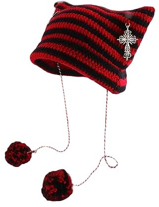 Edhomenn Frauen Katze Beanies Grunge Goth Beanies Katze Ohr Hut Y2k Crochet Beanie für Mädchen Streetwear, 04 Schwarz Rot, Einheitsgröße