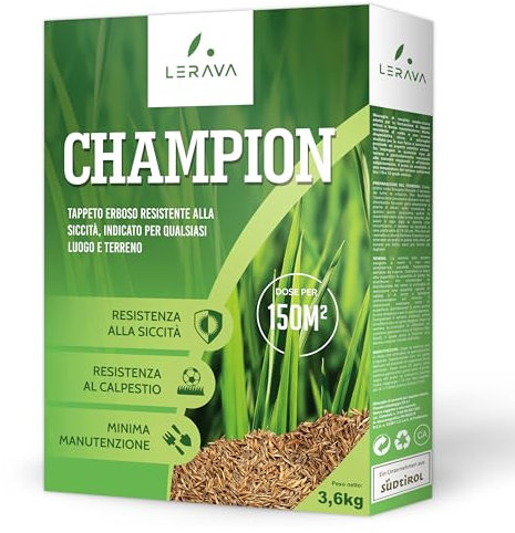 LERAVA® CHAMPION - semi prato resistente - 150m² - sementi per prato resistenti alla siccità - calpestabile - semi erba prato poca acqua - adatti a tutti i luoghi e tipi di terreno - prato semi