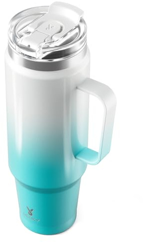 Meoky 40oz Tumbler with Handle, Stainless Steel Travel Mug with 2-in-1 Straw and Sip Lid, Vacuum Insulated Coffee Mug, 100% Leak Proof, Keeps Cold for 34 Hours or Hot for 10 Hours (Azure)