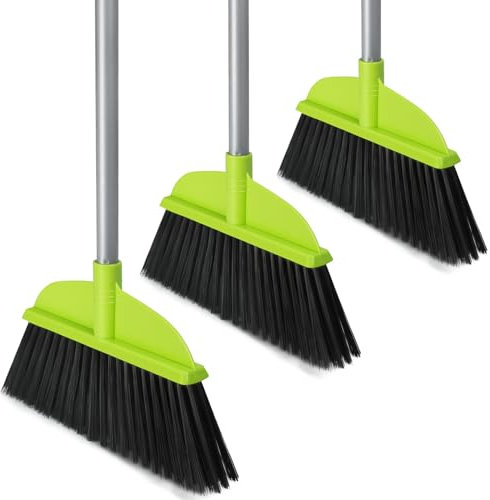 55” Long Handle Broom for Sweeping Indoor/Outdoor 3 Pack Green 4 Layers Stiff Bristles Telescoping Broom for House Office Patio Garden
