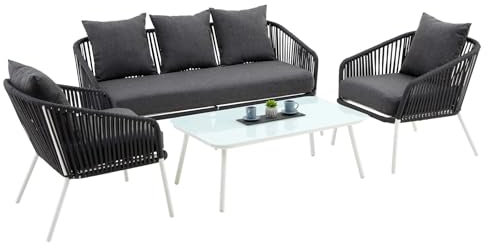 IDIMEX Gartenmöbel Bengal mit Dreisitzer, Zwei Sessel, Beistelltisch in weiß/grau, Strapazierfähige, Wasserabweisende Polster, Gestell aus Aluminium, Beistelltischplatte aus Sicherheitsglas