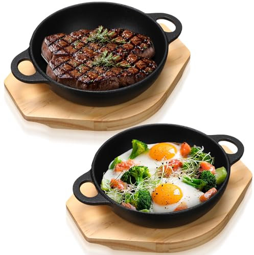 Jingmore 2 Sets Mini Cast Iron Skillet with Wooden Base Small Cast Iron Plates Skillet Pan Round Fajita Plate Hot Steak Pot Dish for Baking Cooking(6.1 Inch)