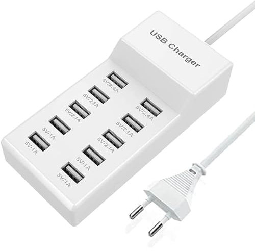 Cargador USB multipuerto, 10 Puertos USB Carga rápida multipuerto USB 40 W Compatible con iPhone 11/12/13/14/15/Samsung S21/S22/S23/S24/Xiaomi/Huawei/Oppo/OnePlus/otros Dispositivos