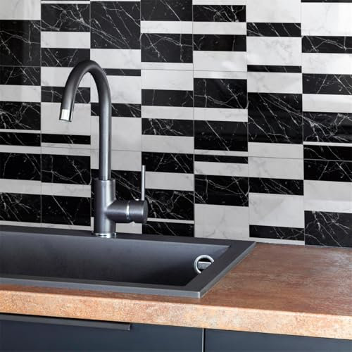 Fliesenaufkleber 15x30cm Schwarzer Weißer Marmor Klebefliesen Wasserdicht Mosaikfliesen Fliesenaufkleber Bad Fliesenaufkleber Küche Möbeldekoration Küchenrückwand Selbstklebend (24 Stück)