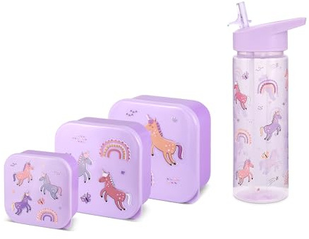 Nesting Snack Boxes, Set of 3 Including Straw Sipper, Tiny to Tots Kids Set, Back to School, Lunch Box with Multi Compartments, Snack Storage (Unicorn Nested Boxes + Straw Sipper)