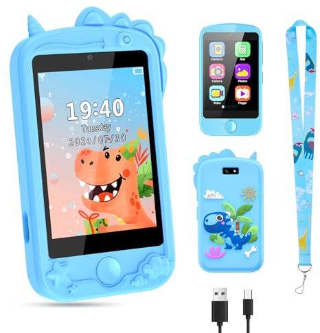 Mingfuxin Kinder Handy, Pretend Smartphone für Kinder Mädchen Jungen, 28 Zoll Touchscreen Telefon Uhr Kinder mit Dual-Kamera Musik Schrittzähler Wecker Kinderhandy für 3-12 Jahre Geschenke