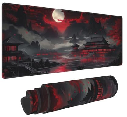Riverside Full Moon Desk Mat Japanese Desk Pad Black Red Large Mouse Pad Gaming Mousepad 31.5x11.8 Extended XXL Keyboard Pad Japanese Laptop PC Computer Mouse Keyboard Mat for Home Office Work Game