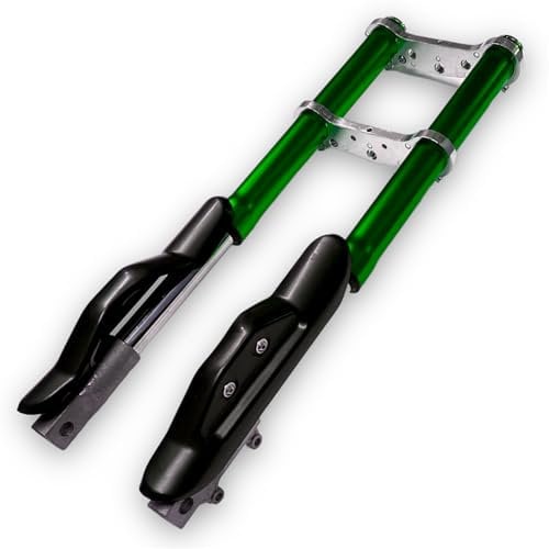 Red Circles Green Upside Down Mini Dirt Bike Forks - Complete Setup, 540mm Length, 35mm Leg Diameter, 12mm Axle, Includes Top/Bottom Yoke & Covers, Fits 47cc & 49cc Bikes, Not for DR Models.