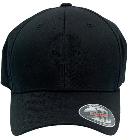 Café Viereck ® Unisex Cap Wooly Combed – Gestickt mit schwarzem Punisher Zeichen – Schwarze Cap für Männer und Frauen - Größe L/XL (57-61 cm)