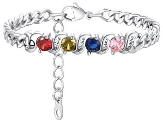 Custom4U Anpassbare Geburtssteinen Armbänder Damen Silber mit 4 Namegravur Edelstahl 5mm breit Crystal Panzerkette Armband Frauen 16cm+3cm lang Geschenke für Weihnachten Muttertag Geburtstag