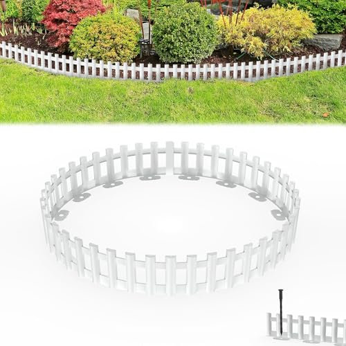 UISEBRT Bordure de pelouse en plastique, aspect bois, avec piquets, bordure de parterre flexible en polypropylène blanc, 1 élément (L x H) : 43 x 12 cm – 18 pièces, 774 cm