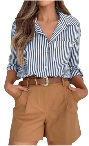 Blouses for Women UK Striped Dress Shirts Button Down Shirt Casual Loose Long Sleeve Office Work Tunic Tops Collared Neck Roll Up Long Sleeve Blouse Regular Fit Tee Shirt with Pocket Navy