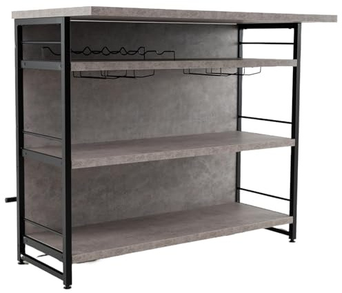TANGZON 2 in 1 Kitchen Island, Industrial 4-Tier Bar Table with Storage Shelves, Wine Rack, Glass Holders & Footrests, Metal Frame Counter Home Bar Unit Wine Cabinet (Grey)