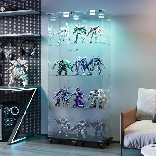 DADEA Vitrine aus Glas mit 4 Ebenen und 2 Türen, Glasvitrinen mit Schloss und 6 Rollen, Vitrine aus Glas mit LED Vitrine mit Säule für Wohnzimmer, transparent, 35 x 78,5 x 163 cm