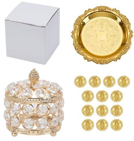 ORIGACH Juego de monedas de oro Arras de Boda, caja redonda con 13 monedas de Jesús y bandeja en relieve, accesorios de boda para ceremonia