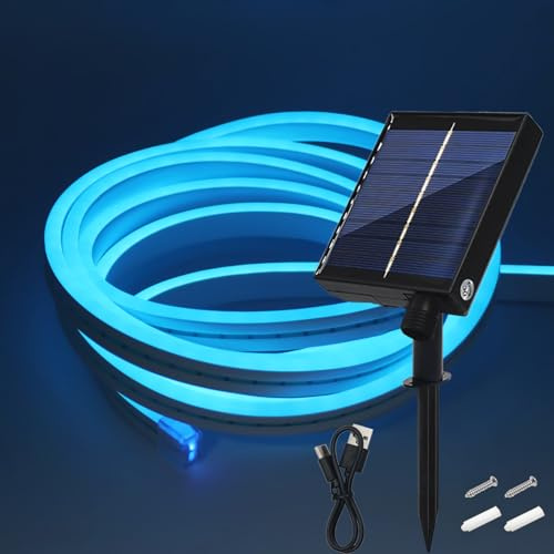 Wisada 24V Solar Neon Band,Solarbetriebene 8 Modi SMD2835 LED Stripe,Cuttable 5cm,120LEDs/m Flex Neon LED Streifen für Terrasse, Innenhof(Eisblau,1m)