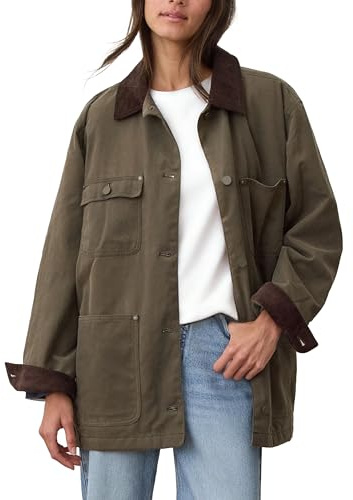 GTLIAE Womens Utility Barn Jackets Oversized Vintage Corduroy Collar Coat | Cotton Casual Corduroy Collar Cuffs Workwear, Multi Pockets, Button Closure, Snap Side Split Hem, Fall Winter Daily Layering
