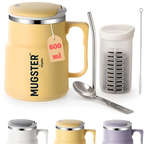 ANGAHE creating moments | Taza Termo para Café o Té Portátil 600ml, Sin BPA, Aluminio 304, Taza Reutilizable Viaje u Oficina | Mantiene Frío y Calor | Con Cuchara Plegable, Pajita aluminio. (MOSTAZA)
