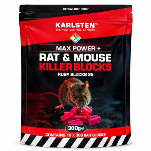 Karlsten Rat & Mouse Poison Blocks 300g – High-Strength Ruby 25 Rodenticide Bait with Difenacoum 0.0025%, All-Weather Wax Blocks for Rat Control, Mouse Control, Rodent Pest Control in Bait Stations