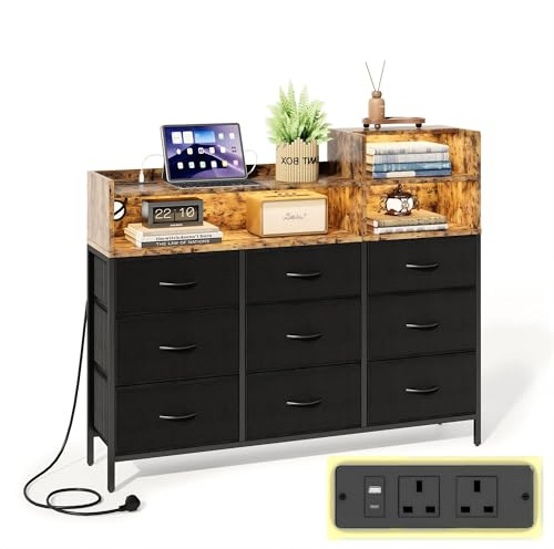 IRONCK Kommode mit Schubladen, Schubladenschrank mit LED-Beleuchtung & Ladestation, 9 Stoffschubladen & 3 Offene Fächer, Moderner Schubladenschrank für Schlafzimmer & Wohnzimmer (Vintage Schwarz)