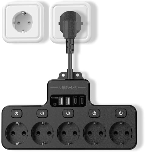 Inhwatek Prise Multiple Murale avec USB C, Multiprise 5 Prises Parafoudre et Surtension avec Interrupteur Individuel, Multi Prise Plate Murale, Bloc Multiprise pour Bureau de Cuisine