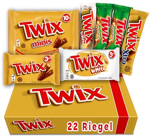 TWIX Fan-Box I Schokoriegel Mix-Box I Neuer Inhalt I 7 Packungen I 22 Riegel I 6 Sorten I 820g I White I Haselnussl I Original Schokolade I Xtra I Minis
