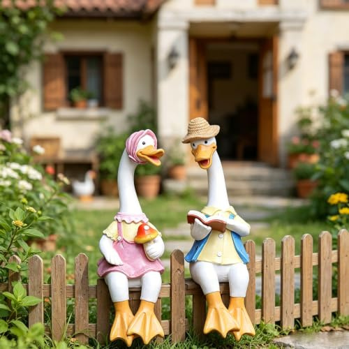 Calenxy 2 Stück Gartendeko für Draußen Wetterfest, Gans Gartenfigur Wetterfest, Niedliches Cartoon Harz Paar Ente Gartenstatuen, 21 x 11 x 7cm sitzende Skulptur für Hof Haus Garten Terrasse und Büro