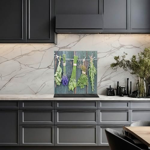 banjado Küchenrückwand Glas ohne Bohren 50x50cm – Glasrückwand Küche mit Motiv Acht Kräuter/Spritzschutz Küchenrückwand Glas/selbstklebende Küchenrückwand Platte - magnetisch & beschreibbar