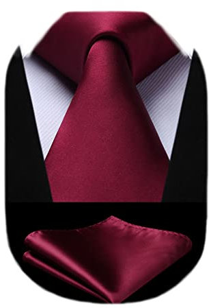 HISDERN Extra Lange Einfarbige Krawatte und Einstecktuch Set - Burgund Herren Business Party Elegant Hochzeit