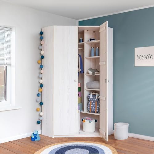 BioKinder Eckkleiderschrank Kleiderschrank Eckschrank Kinderkleiderschrank Lara aus zertifiziertem Massivholz Kiefer Naturweiß 200 x 135 x 86 cm